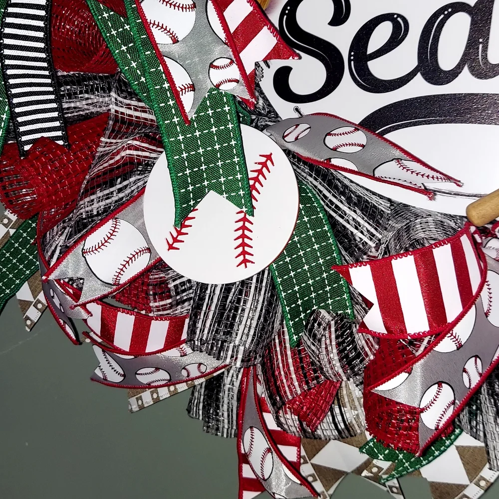 Hand Crafted ’Tis the Season Baseball Wreath - Red, Green, White